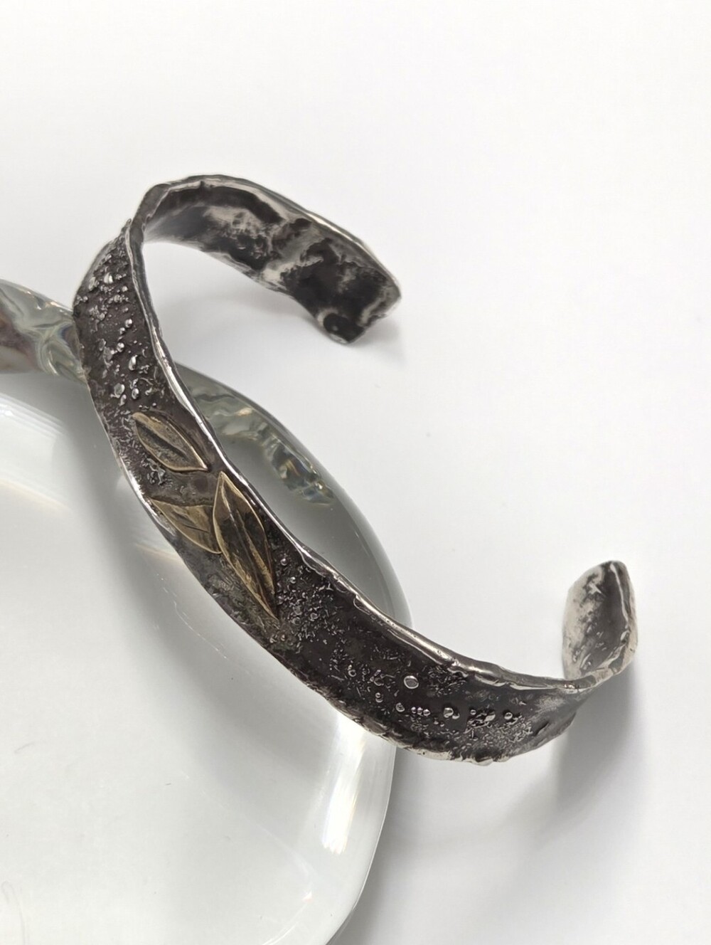 Vintage Leaf Design Sterling Silver And 14k Gold Cuff Bracelet